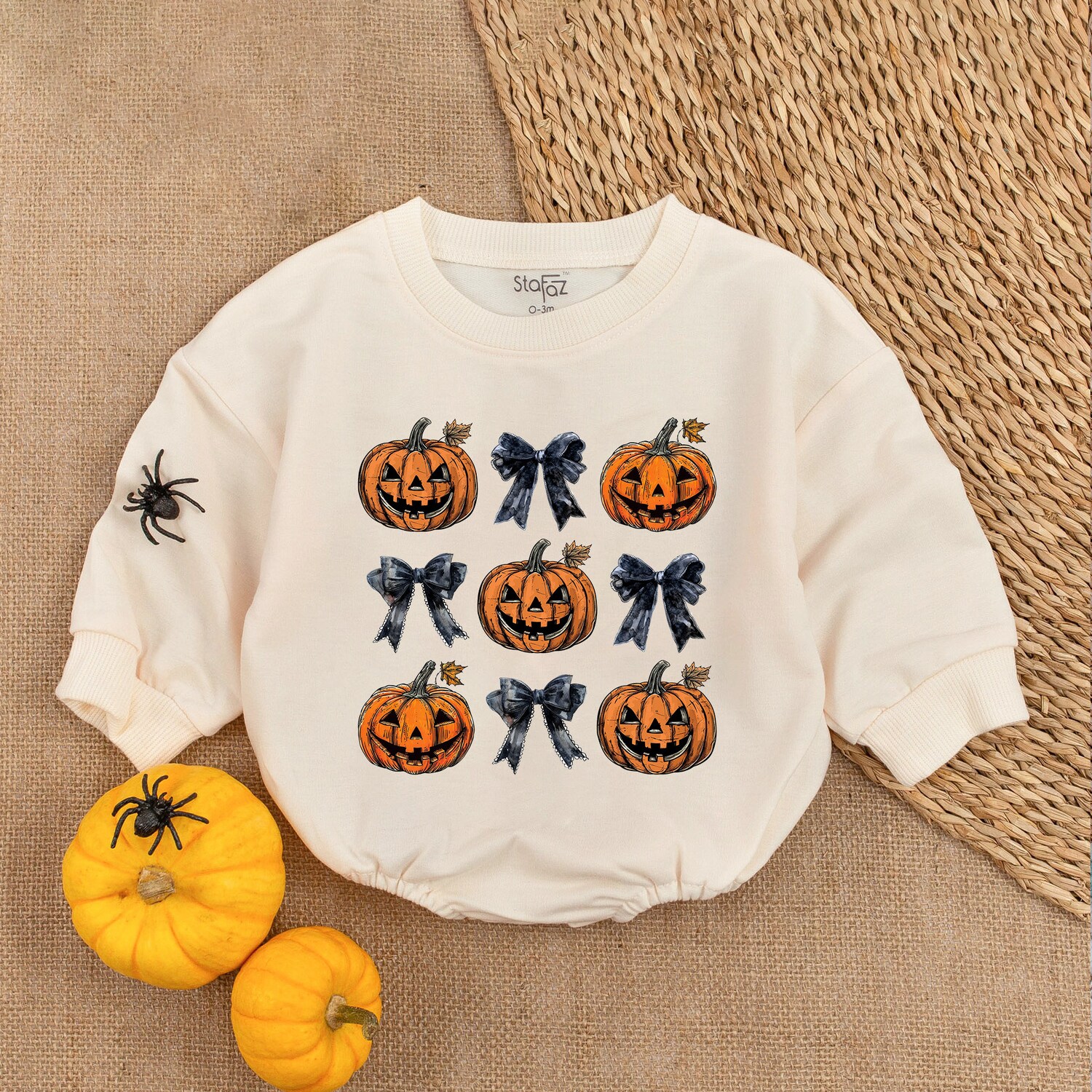 Retro Halloween Baby Romper Cute Bow Baby Clothes First Halloween Outfit image 1