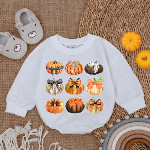 Pumpkin Print Fall Romper First Thanksgiving Baby Outfit Baby Girl Fall Clothes image 0