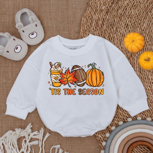 First Thanksgiving Baby Romper Tis The Season Football Outfit Fall Baby Girl Clothes image 0