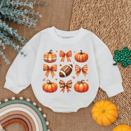 Football Fall Romper First Thanksgiving Baby Outfit Baby Girl Clothes Fall Baby Shower Gift image 0