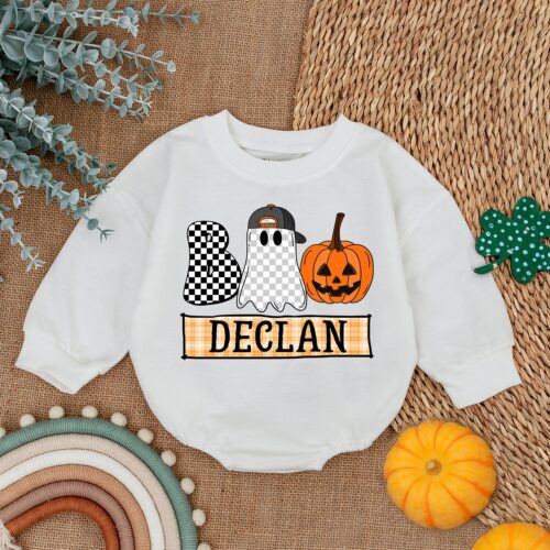 Personalized First Halloween Baby Romper Custom Name Cute Ghost Funny Spooky Baby Outfit image 0