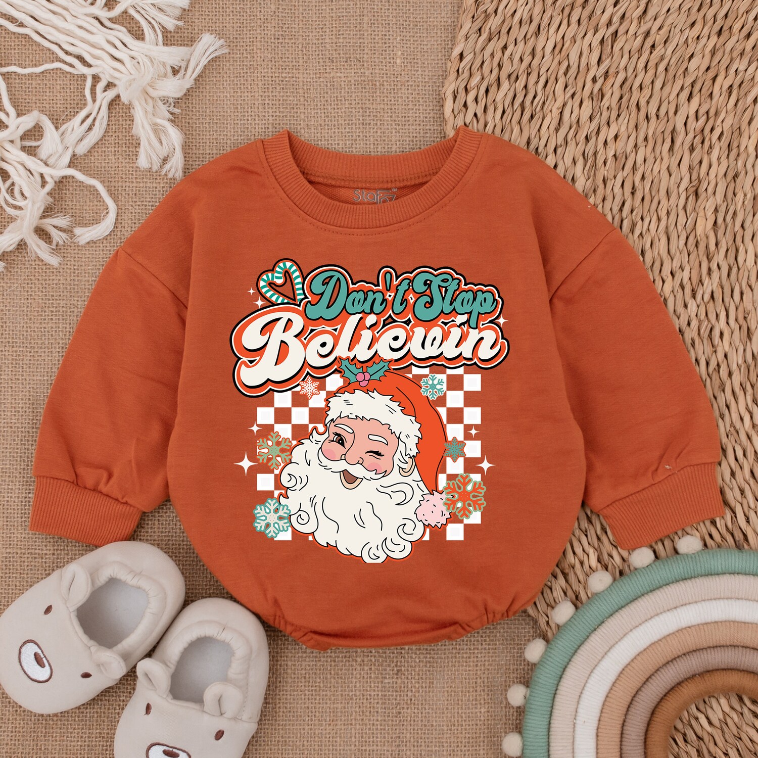 Retro Santa Baby Romper My First Christmas Long Sleeve Bodysuit Baby Christmas Outfit Gift image 3