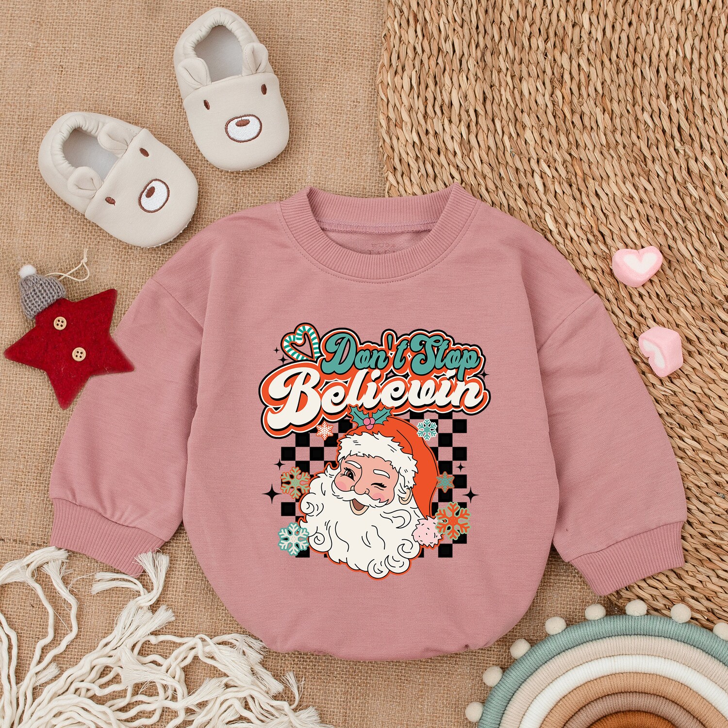 Retro Santa Baby Romper My First Christmas Long Sleeve Bodysuit Baby Christmas Outfit Gift image 2