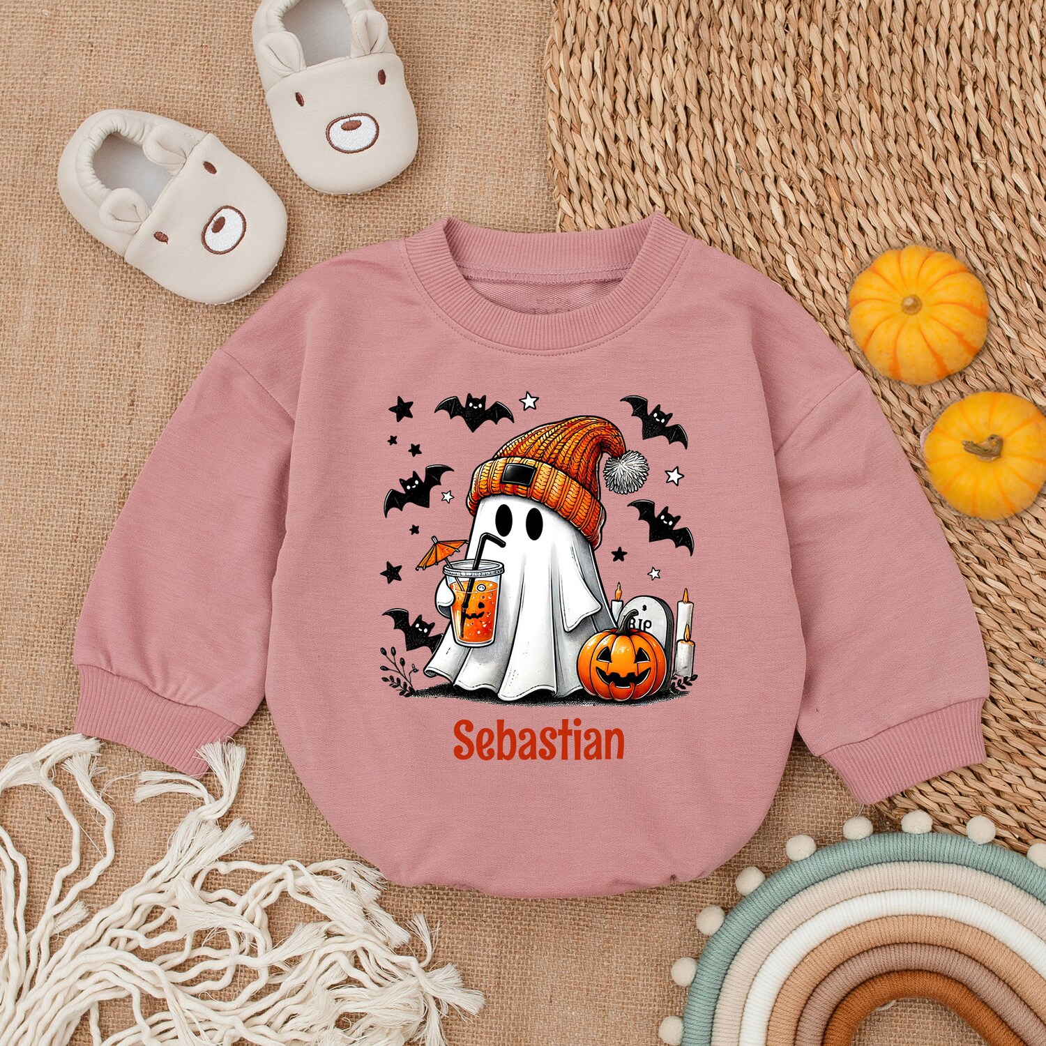 Custom Name Baby Ghost Romper Cute Spooky Pumpkin Halloween Outfit Funny Ghost Baby Gift image 2