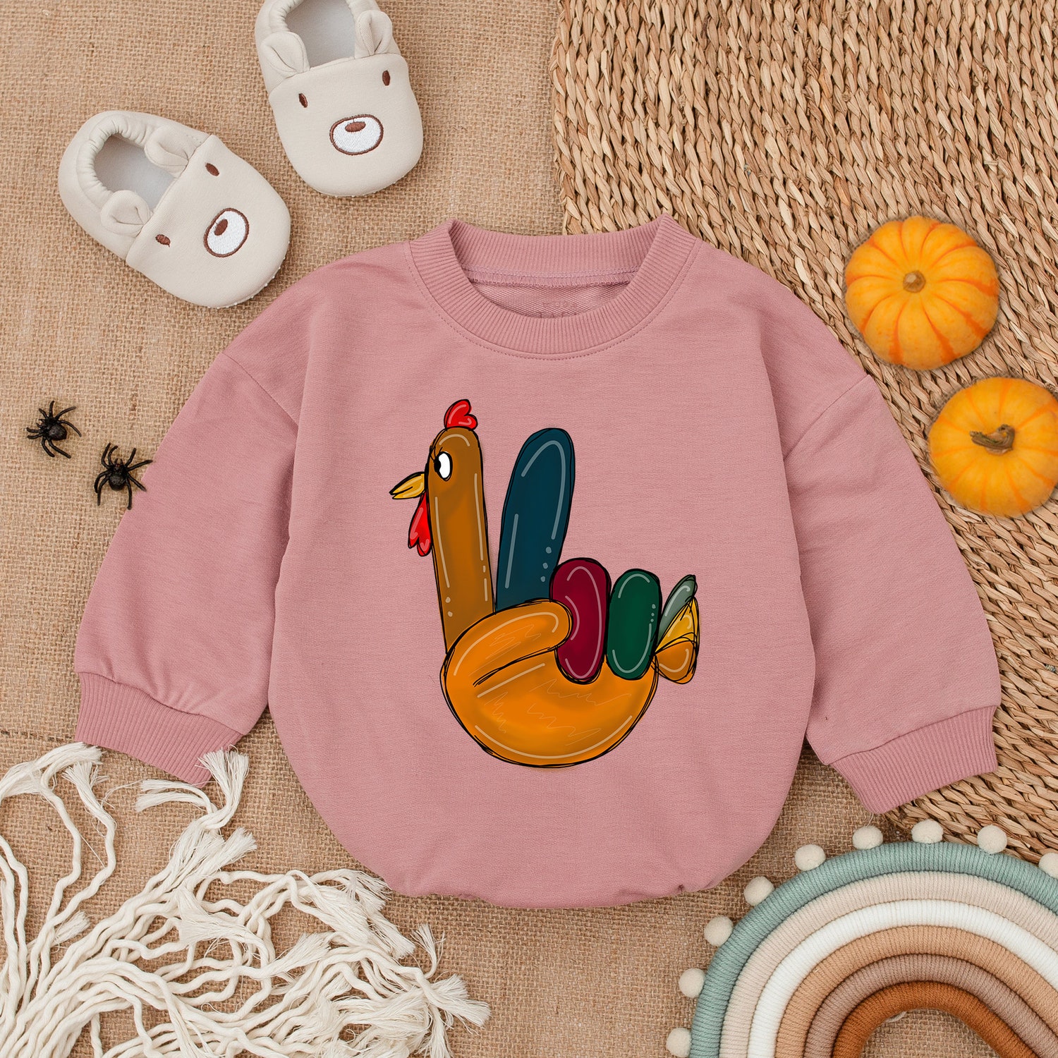 First Thanksgiving Baby Outfit Peace Sign Turkey Hand Romper Fall Baby Shower Gift image 2