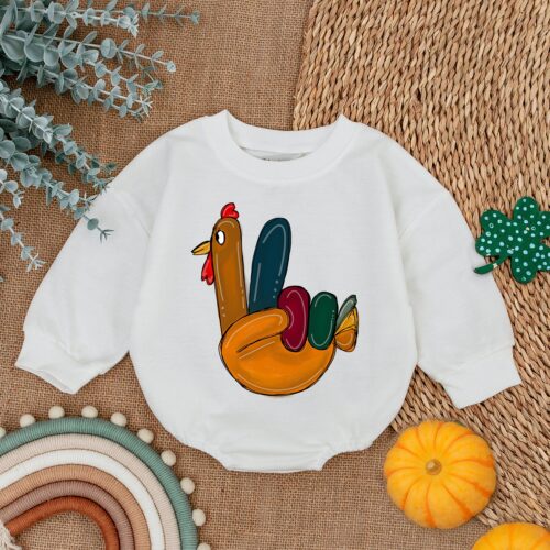 First Thanksgiving Baby Outfit Peace Sign Turkey Hand Romper Fall Baby Shower Gift image 0