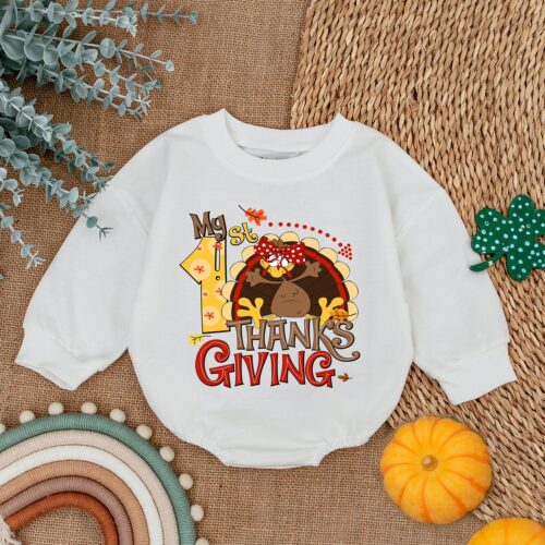 First Thanksgiving Baby Outfit Little Turkey Romper Fall Baby Girl Clothes Baby Shower Gift image 0