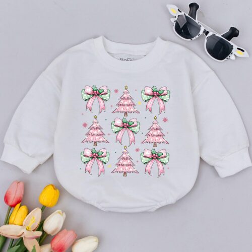 Christmas Tree Bow Baby Romper First Christmas Outfit Retro Holiday Baby Shower Gift image 0