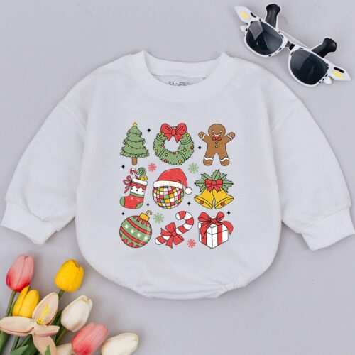 Funny Baby Christmas Romper First Holiday Outfit Retro Xmas Baby Shower Gift Christmas Tree image 0