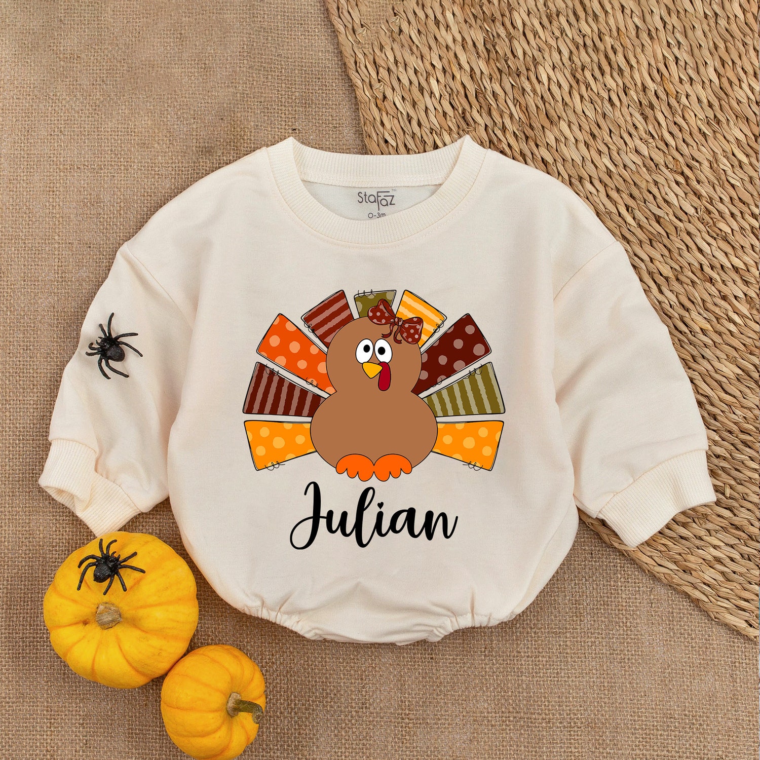 Custom Retro Turkey Bubble Romper My First Thanksgiving Baby Outfit Turkey Baby Shower Gift image 1