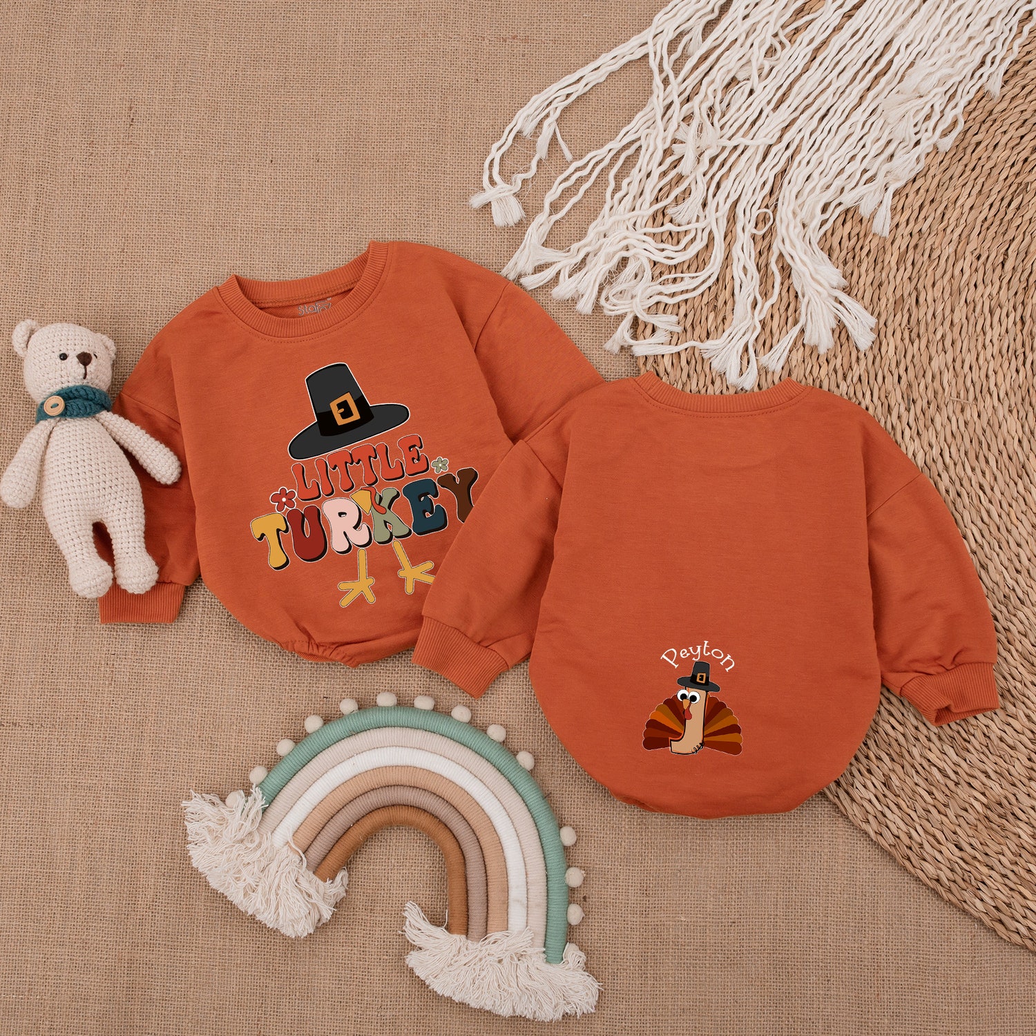 Custom Little Turkey Bubble Romper My First Thanksgiving Baby Outfit Baby Shower Gift image 3