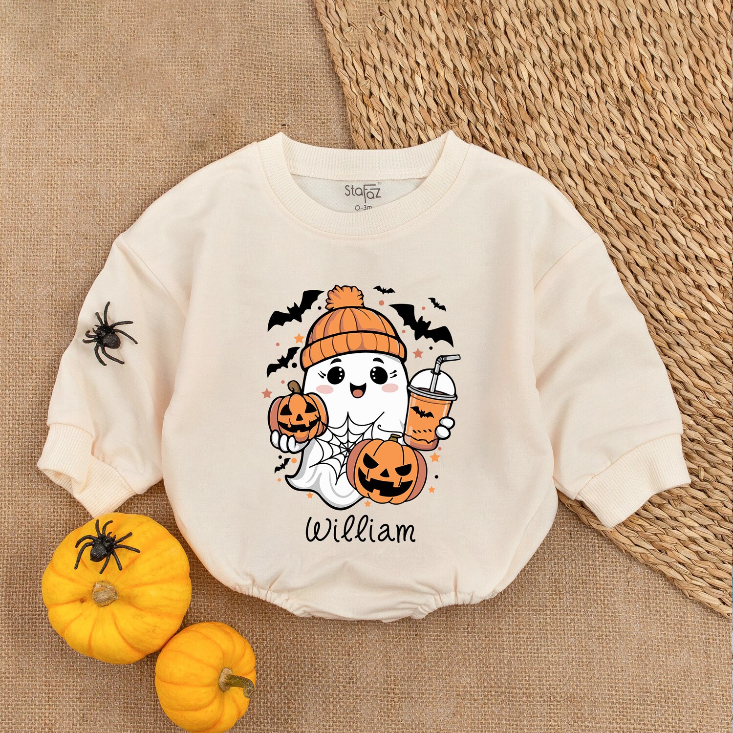 Custom Name Cute Ghost Baby Romper Funny Halloween Pumpkin Sweatshirt Halloween Gift image 1