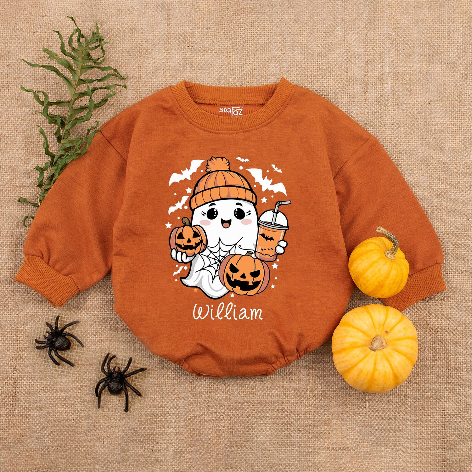 Custom Name Cute Ghost Baby Romper Funny Halloween Pumpkin Sweatshirt Halloween Gift image 3