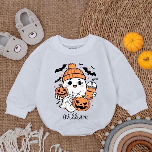 Custom Name Cute Ghost Baby Romper Funny Halloween Pumpkin Sweatshirt Halloween Gift image 0