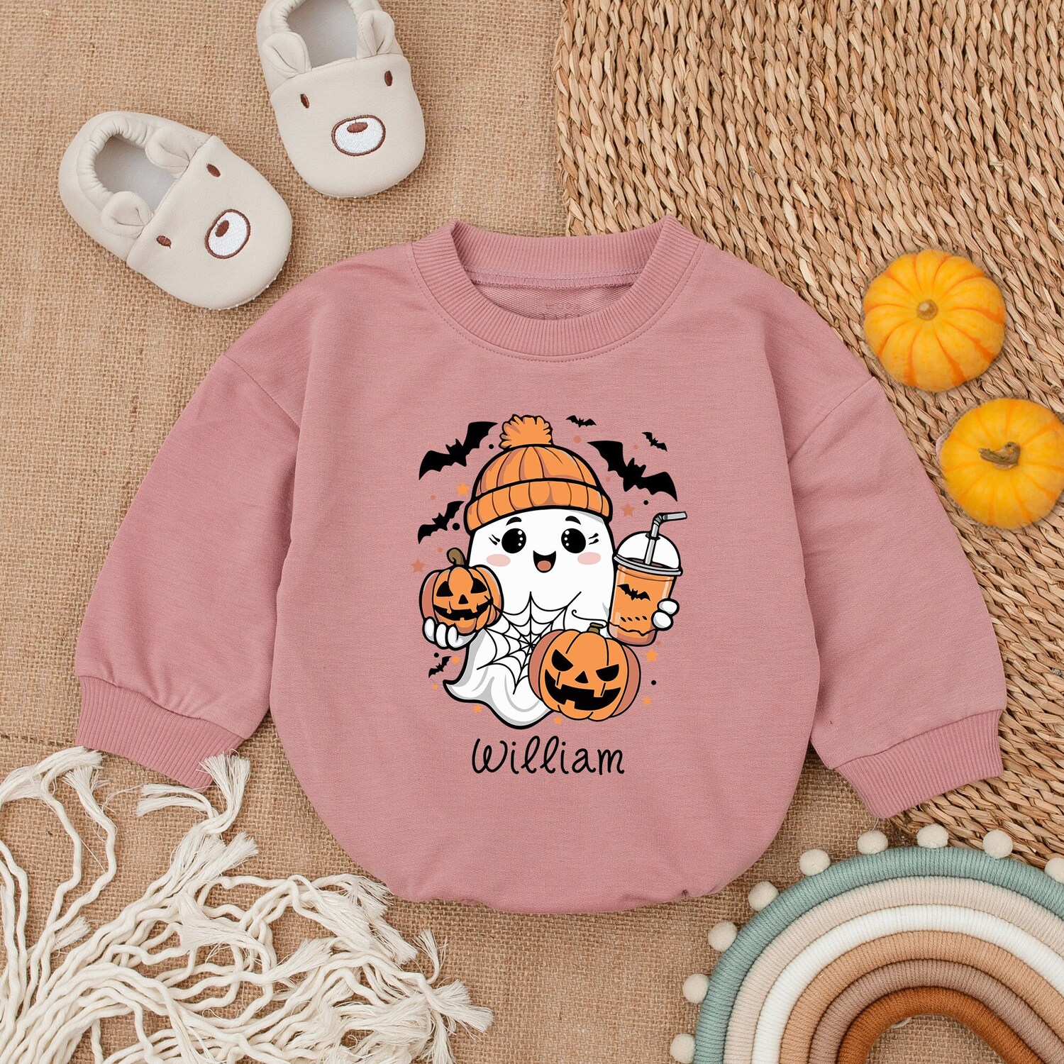 Custom Name Cute Ghost Baby Romper Funny Halloween Pumpkin Sweatshirt Halloween Gift image 2