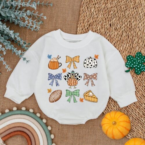 Fall Football Season Romper First Thanksgiving Baby Outfit Baby Girl Clothes Shower Gift image 0