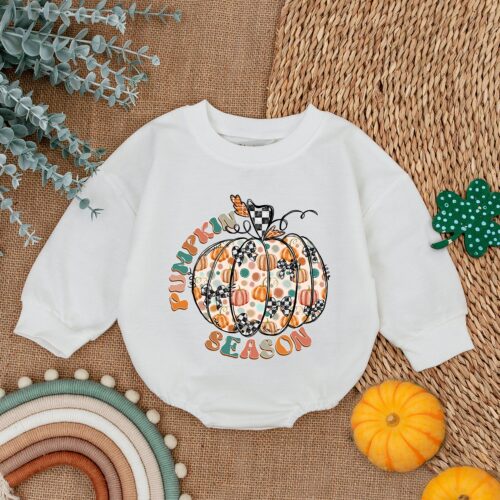 Pumpkin Season Newborn Romper My First Thanksgiving Baby Outfit Turkey Baby Shower Gift image 0