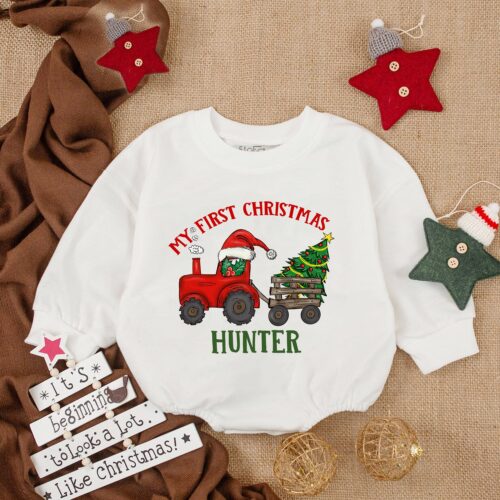 Personalized Farm Christmas Baby Romper Baby Girl Holiday Outfit Farm Lover Baby Bodysuit Gift image 0