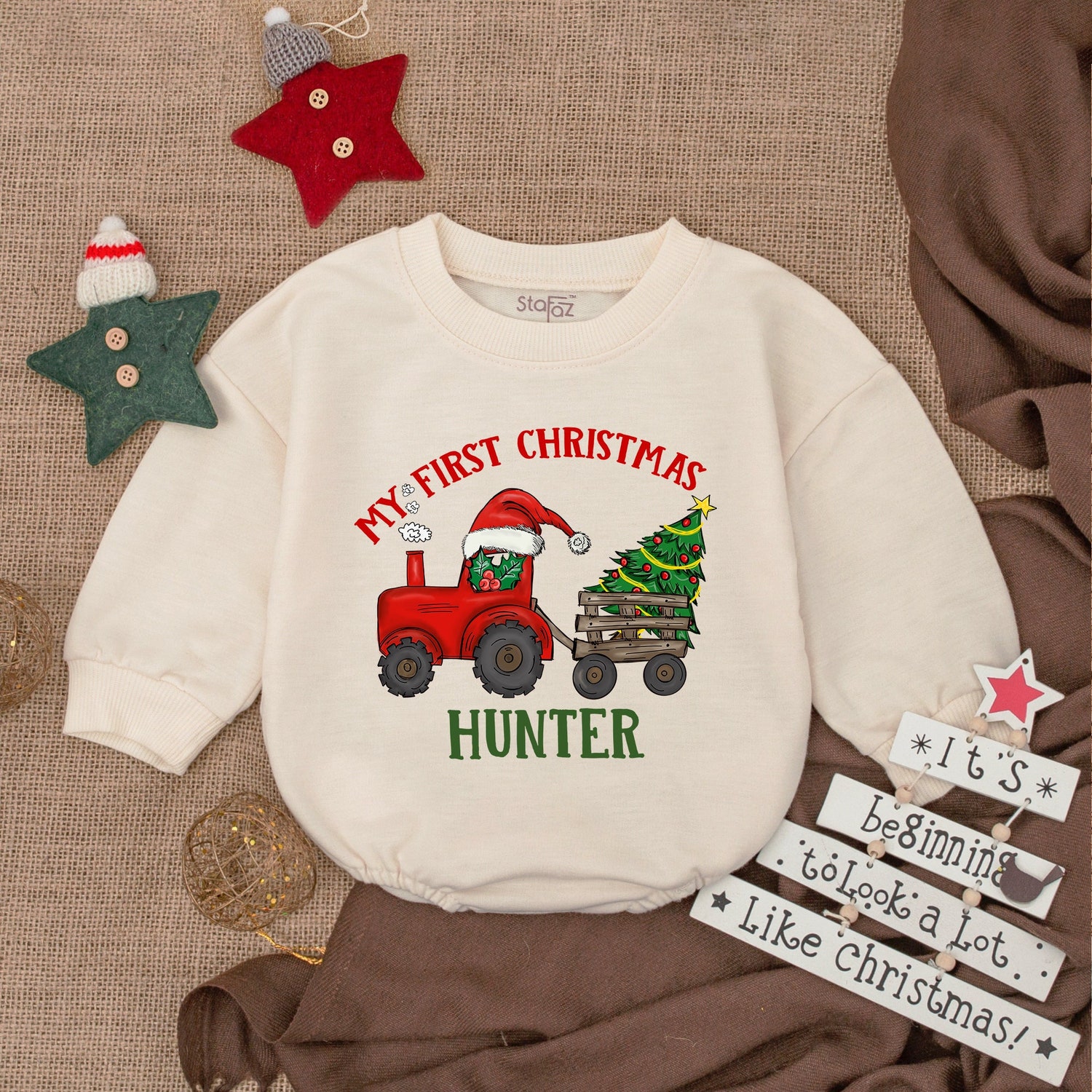 Personalized Farm Christmas Baby Romper Baby Girl Holiday Outfit Farm Lover Baby Bodysuit Gift image 1