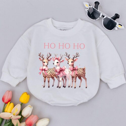 Ho Ho Ho Reindeer Baby Romper First Christmas Holiday Outfit Funny Baby Shower Gift image 0