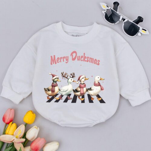 Merry Ducksmas Baby Bubble Romper First Christmas Holiday Outfit Funny Christmas Baby Clothes image 0