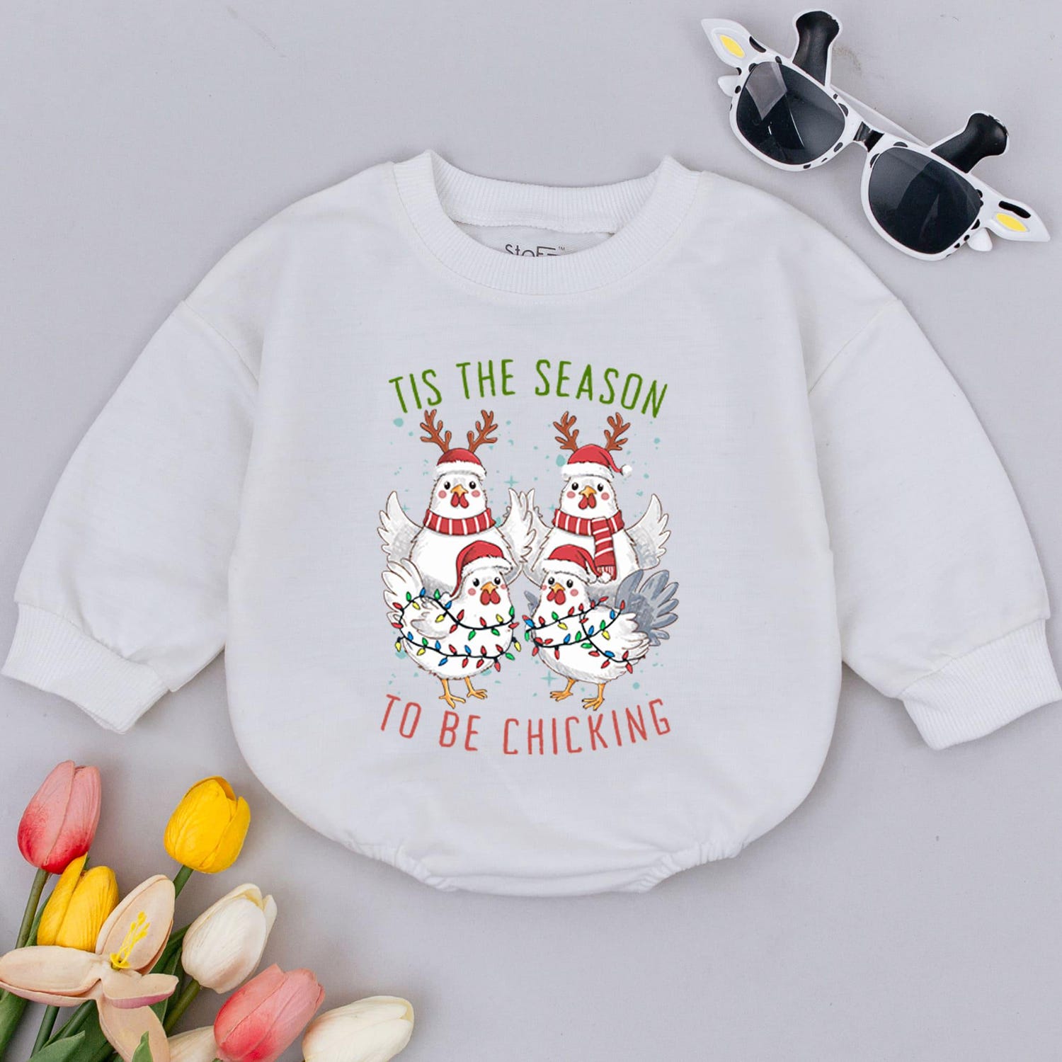 Tis The Season Christmas Baby Bubble Romper First Christmas Outfit Chicken Lover Gift image 3