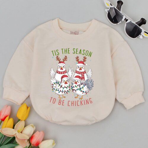 Tis The Season Christmas Baby Bubble Romper First Christmas Outfit Chicken Lover Gift image 0