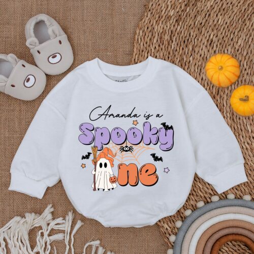 Custom Name Ghost Romper Cute Spooky Pumpkin Baby Sweatshirt Funny Halloween Gift image 0