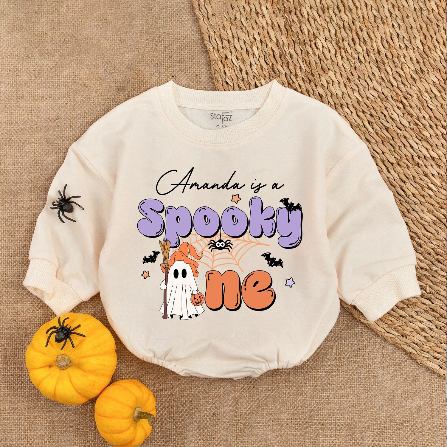 Custom Name Ghost Romper Cute Spooky Pumpkin Baby Sweatshirt Funny Halloween Gift image 1