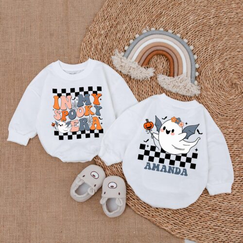 Spooky Retro Ghost Baby Bodysuit Cute Halloween Romper First Halloween Outfit image 0