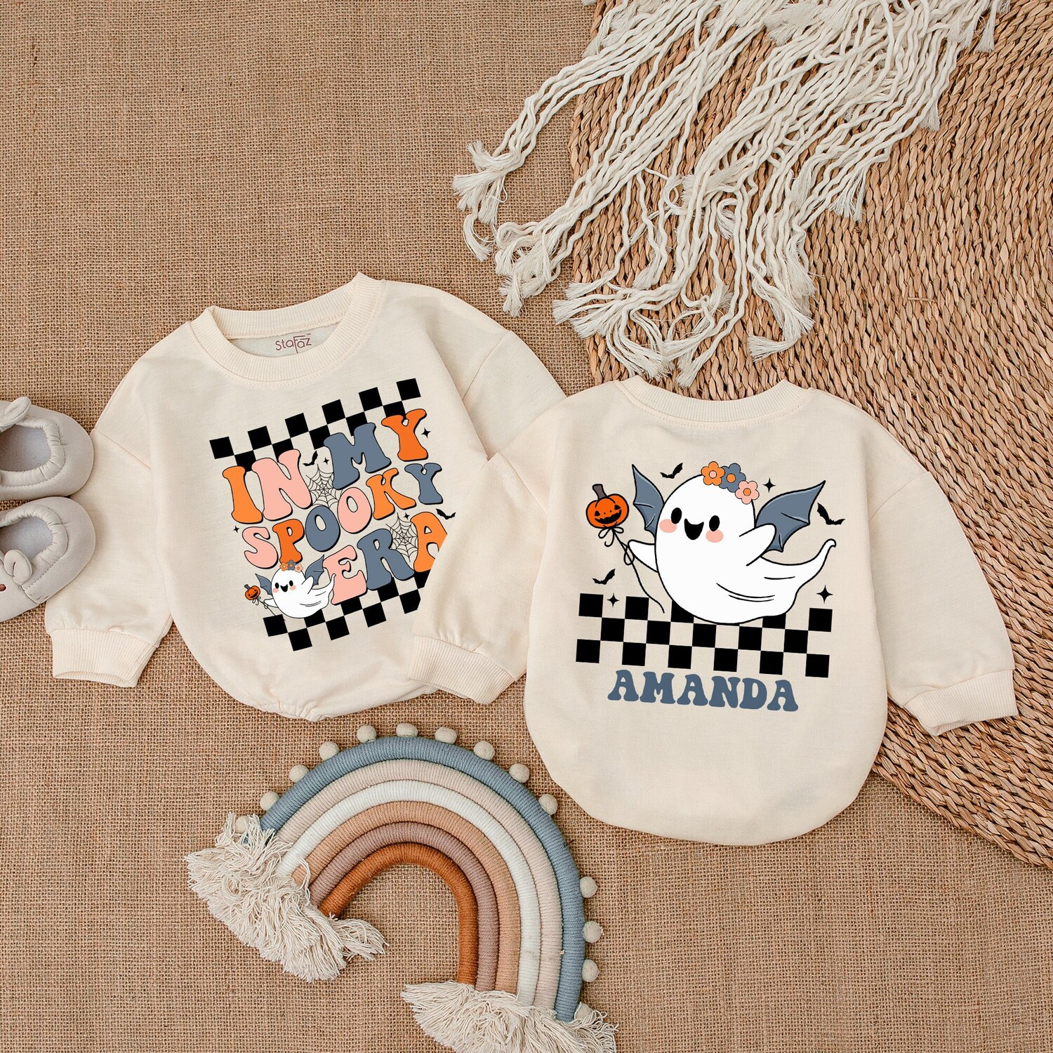 Spooky Retro Ghost Baby Bodysuit Cute Halloween Romper First Halloween Outfit image 1