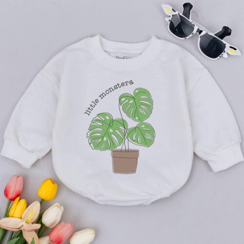 Little Monstera Baby Romper Funny Plant Bodysuit Newborn Baby Shower Gift Tropical Baby Outfit image 0