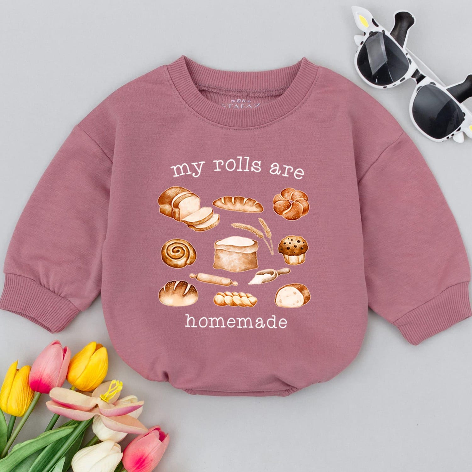 Homemade Rolls Retro Baby Romper Funny Thanksgiving Baby Bodysuit Baking Baby Outfit image 2