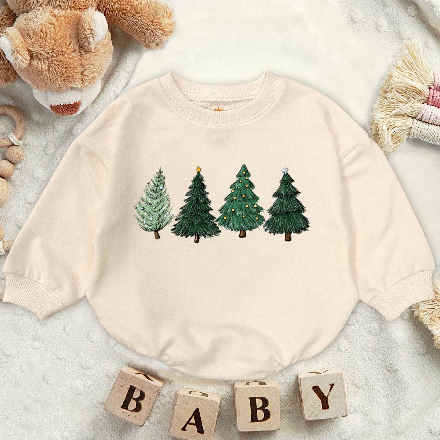 Retro Watercolor Christmas Tree Baby Romper Sweatshirt Cute Newborn Bodysuit Gift image 1