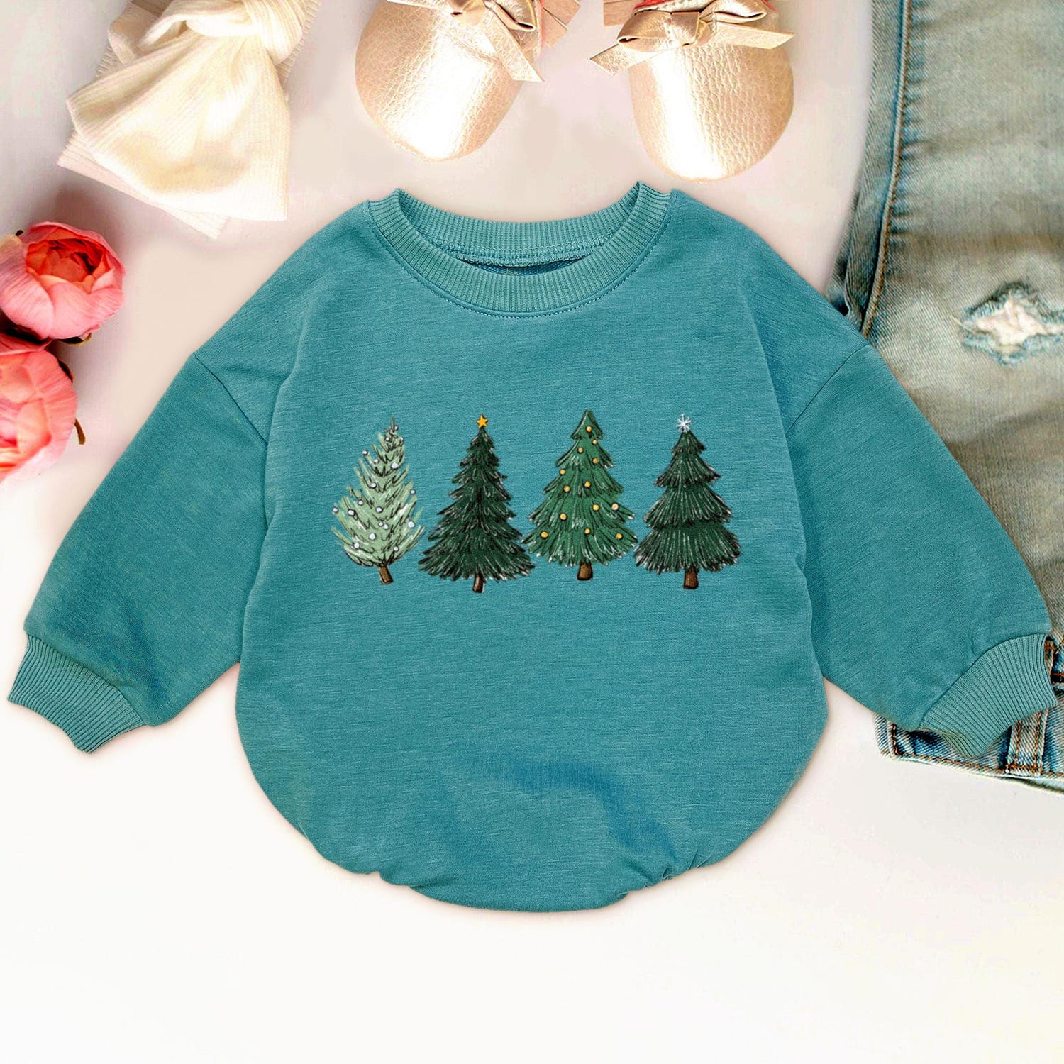 Retro Watercolor Christmas Tree Baby Romper Sweatshirt Cute Newborn Bodysuit Gift image 5