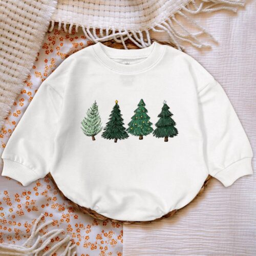 Retro Watercolor Christmas Tree Baby Romper Sweatshirt Cute Newborn Bodysuit Gift image 0