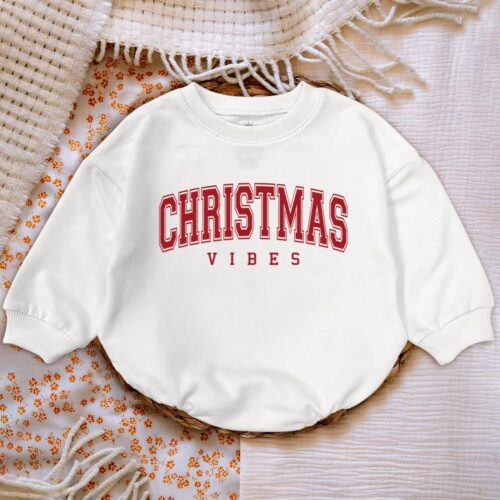 X-mas Vibes First Christmas Romper Sweatshirt, Cute Baby Sweater, Fall Autumn X-mas Baby Romper Suit Newborn Bodysuit Gifts image 0