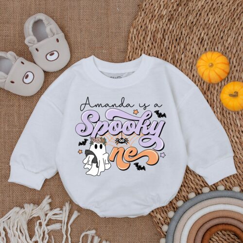 Custom Spooky One Baby Romper First Halloween Outfit Cute Ghost Baby Clothes Halloween Gift image 0