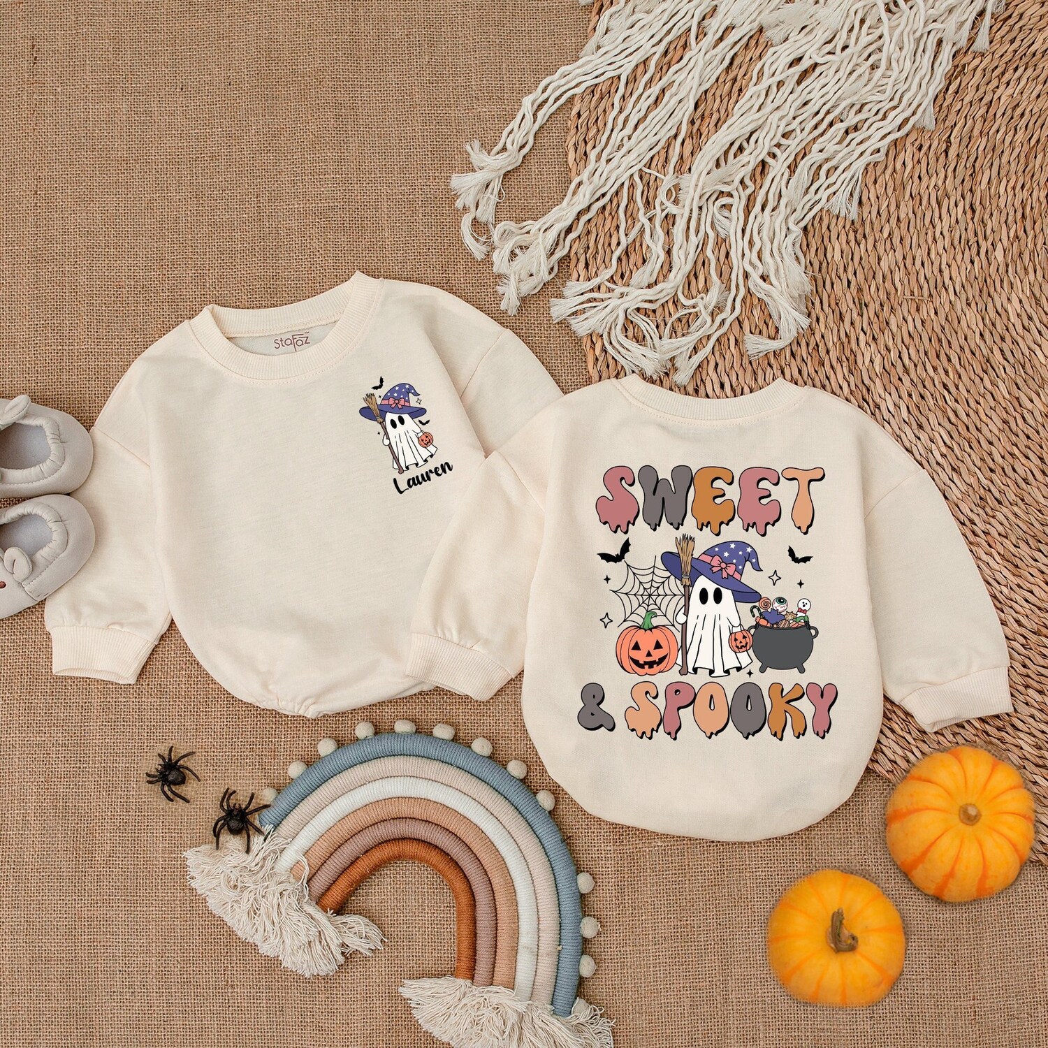 Custom Baby Halloween Bubble Romper Cute Ghost First Halloween Outfit Spooky Season Gift image 1