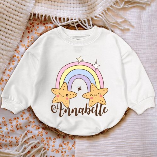 Personalized Rainbow Star Baby Romper Sweatshirt Cute Christmas Newborn Fall Sweater Gift image 0