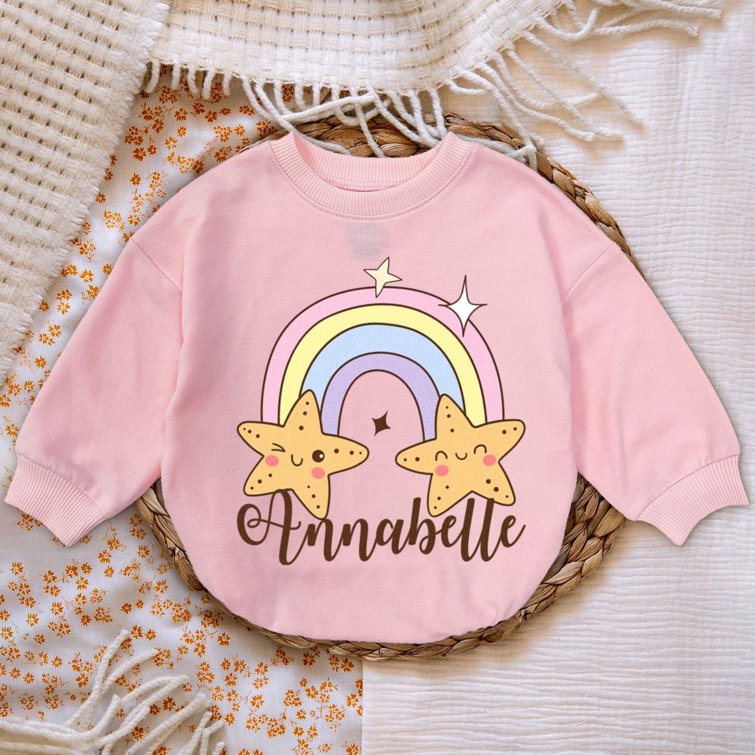 Personalized Rainbow Star Baby Romper Sweatshirt Cute Christmas Newborn Fall Sweater Gift image 2