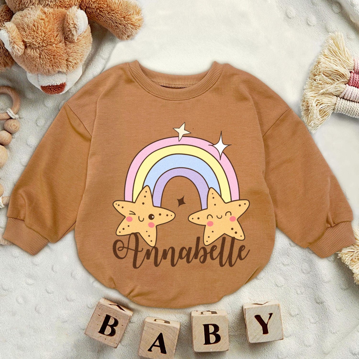 Personalized Rainbow Star Baby Romper Sweatshirt Cute Christmas Newborn Fall Sweater Gift image 4