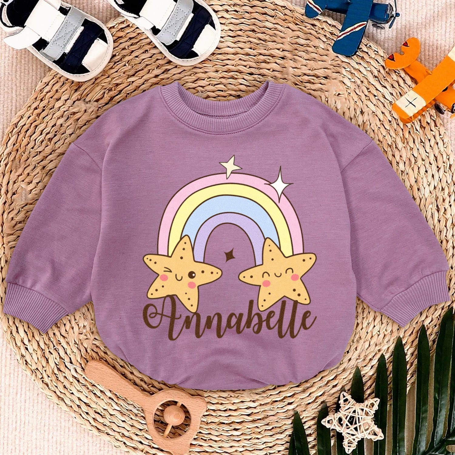 Personalized Rainbow Star Baby Romper Sweatshirt Cute Christmas Newborn Fall Sweater Gift image 6