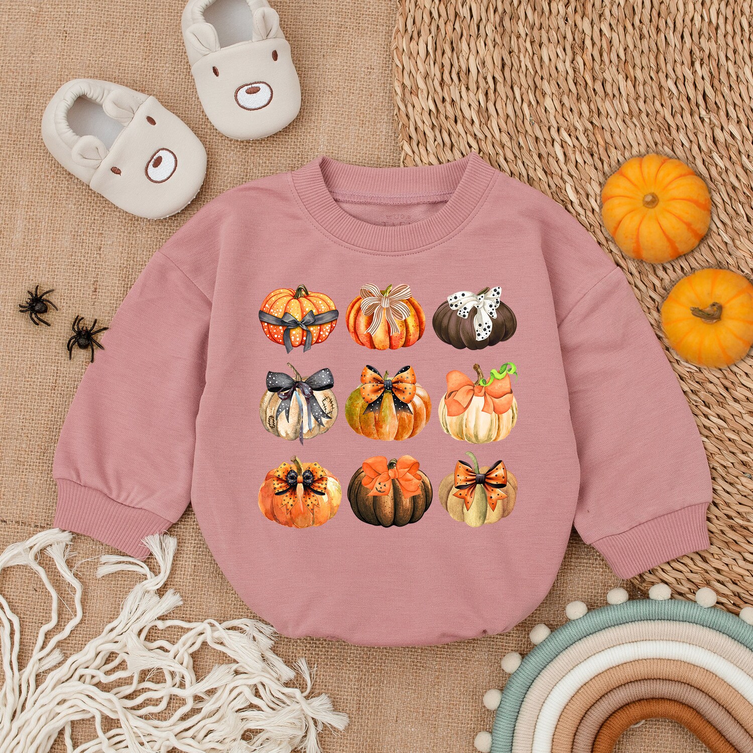 Pumpkin Print Fall Romper First Thanksgiving Baby Outfit Baby Girl Fall Clothes image 2