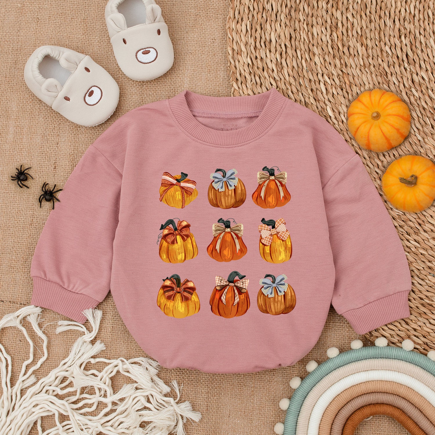 Pumpkin Print Fall Romper First Thanksgiving Baby Girl Outfit Fall Baby Shower Gift image 2