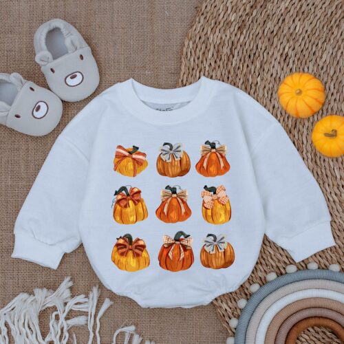 Pumpkin Print Fall Romper First Thanksgiving Baby Girl Outfit Fall Baby Shower Gift image 0