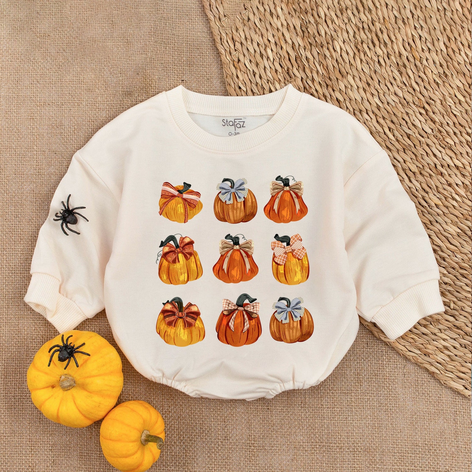 Pumpkin Print Fall Romper First Thanksgiving Baby Girl Outfit Fall Baby Shower Gift image 1