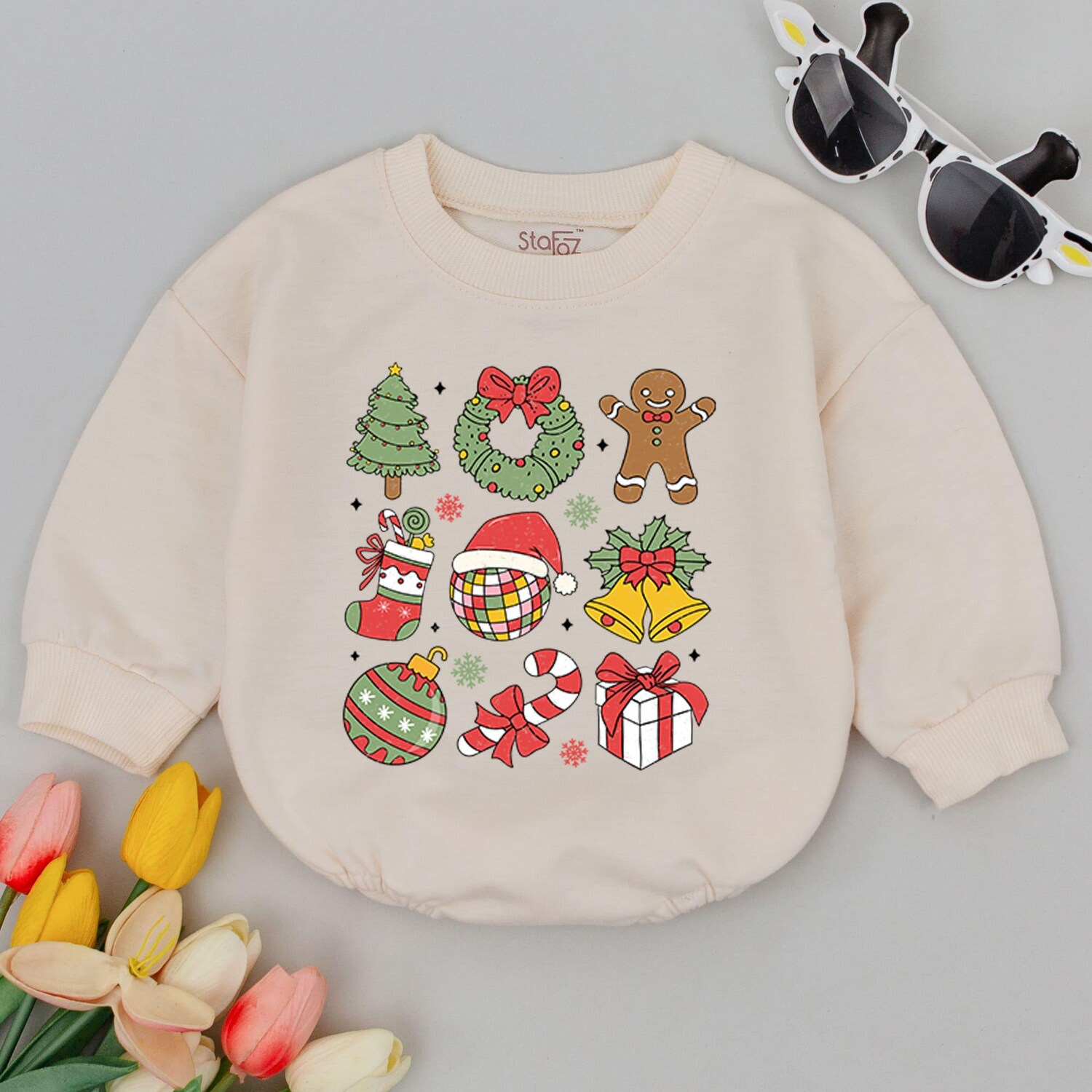 Funny Baby Christmas Romper First Holiday Outfit Retro Xmas Baby Shower Gift Christmas Tree image 1