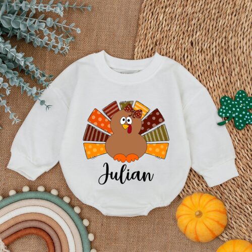 Custom Retro Turkey Bubble Romper My First Thanksgiving Baby Outfit Turkey Baby Shower Gift image 0