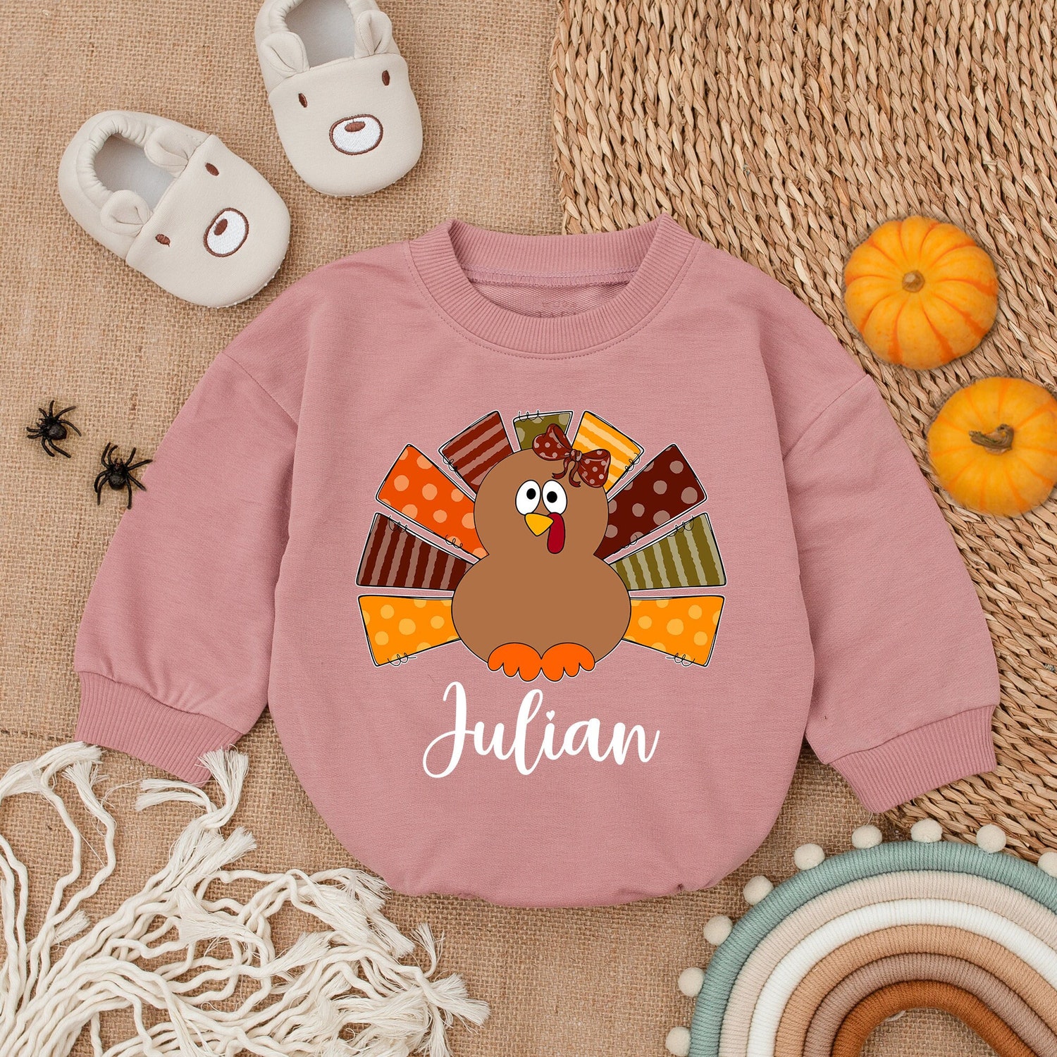 Custom Retro Turkey Bubble Romper My First Thanksgiving Baby Outfit Turkey Baby Shower Gift image 2